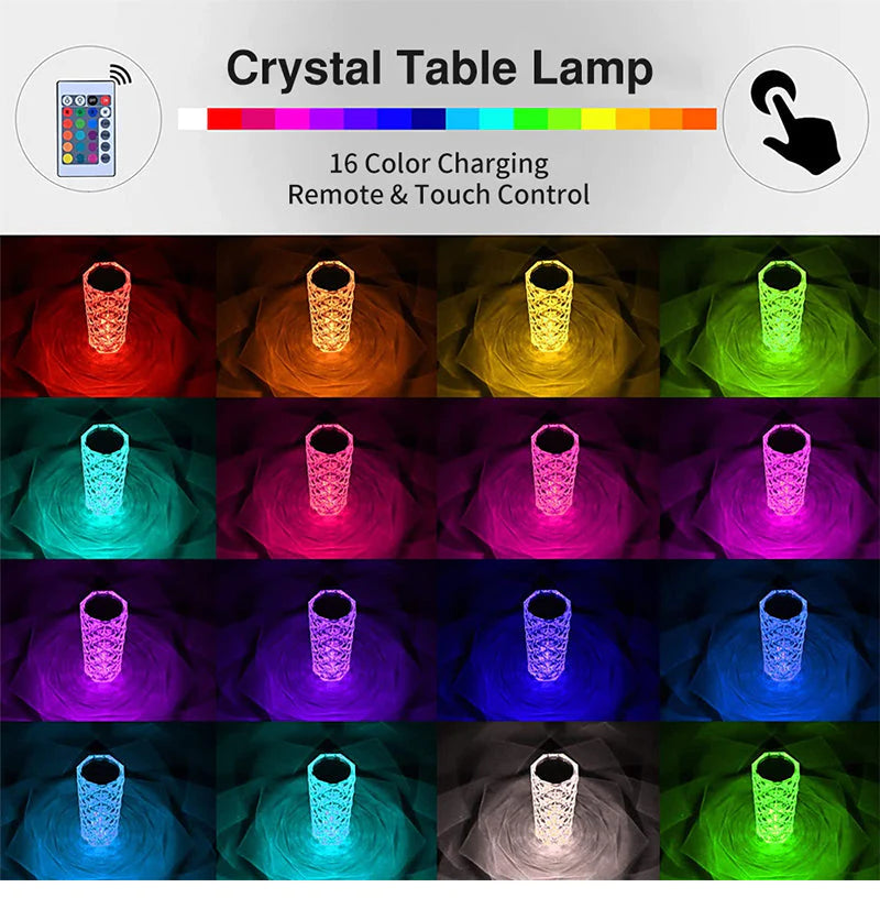 Crystal Rose Dimond 16 Colour RGB Charging Mode LED Night Lights - USB Remote Night Lamp